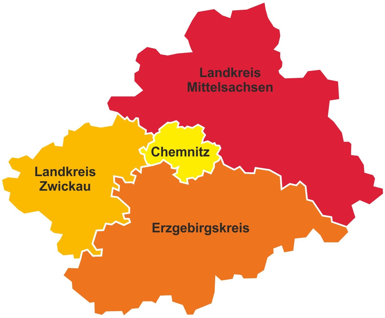 Abbildung des Verbundsgebietes Chemnitz, Erzgebirgskries, Landkreis Mittelsachsen, Landkreis Zwickau